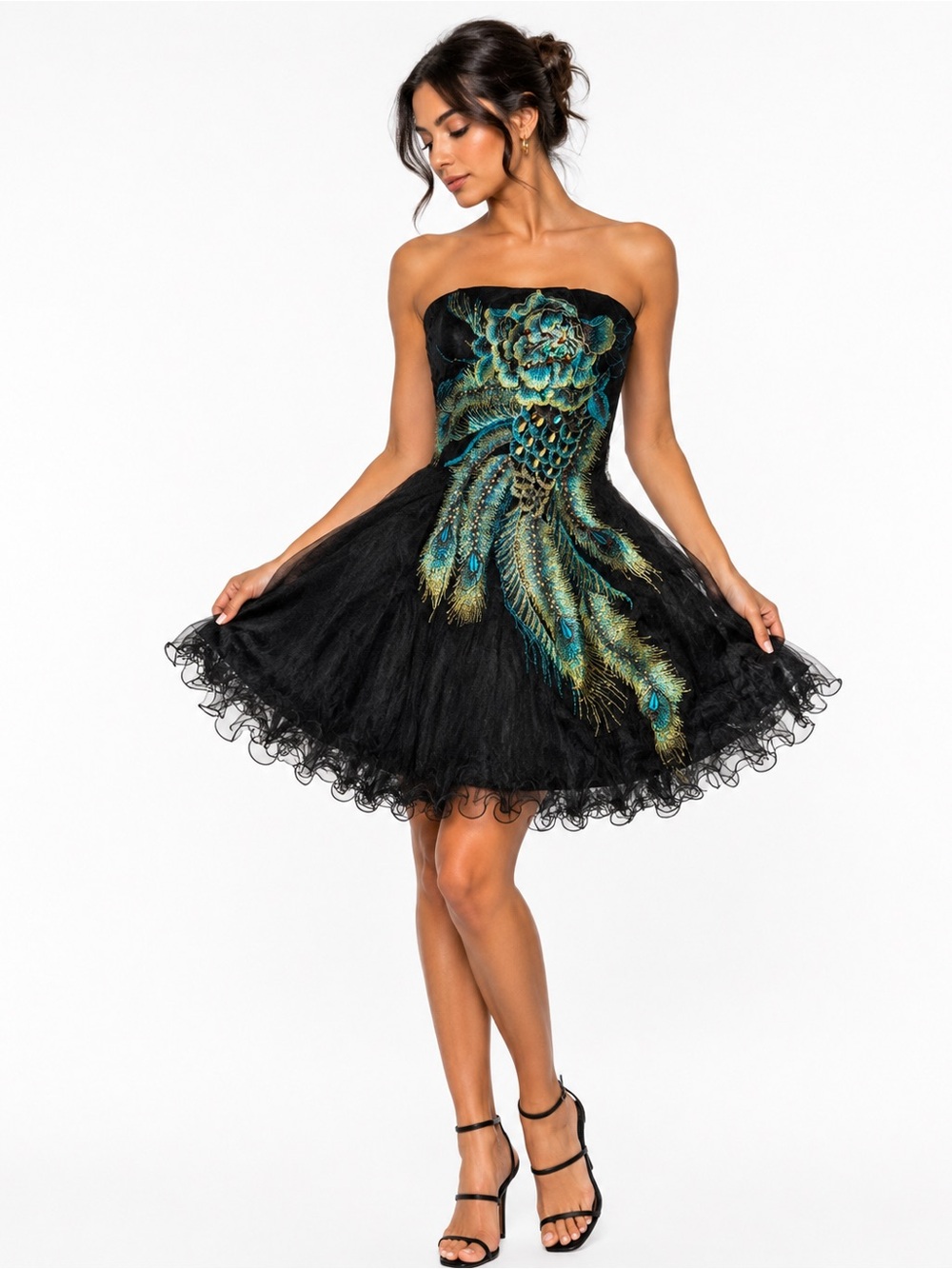 Fiesta Strapless Black Dress with Teal & Gold Embroidery